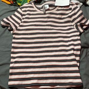 Pink, black, and white striped T-shirt